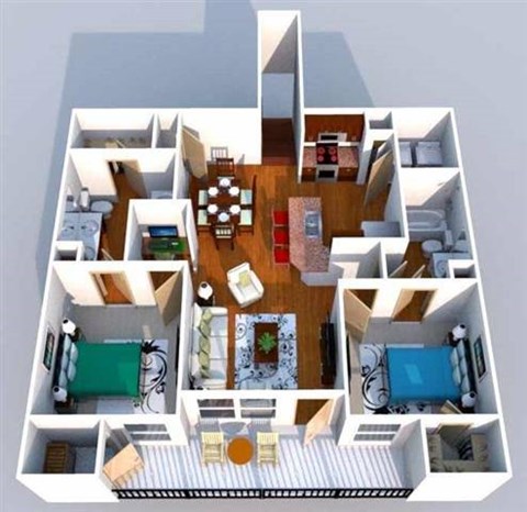 A 3D floor plan of a house showing a kitchen, living room, dining room, and bedrooms.